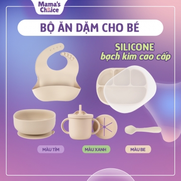 Bộ Ăn Dặm Cho Bé Thương Hiệu Mama's Choice, Combo Ăn Dặm Bát-Khay-Yếm-Thìa-Cốc Silicone Cao Cấp