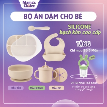 Bộ Ăn Dặm Cho Bé Thương Hiệu Mama's Choice, Combo Ăn Dặm Bát-Khay-Yếm-Thìa-Cốc Silicone Cao Cấp