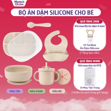 Bộ Ăn Dặm Cho Bé Thương Hiệu Mama's Choice, Combo Ăn Dặm Bát-Khay-Yếm-Thìa-Cốc Silicone Cao Cấp